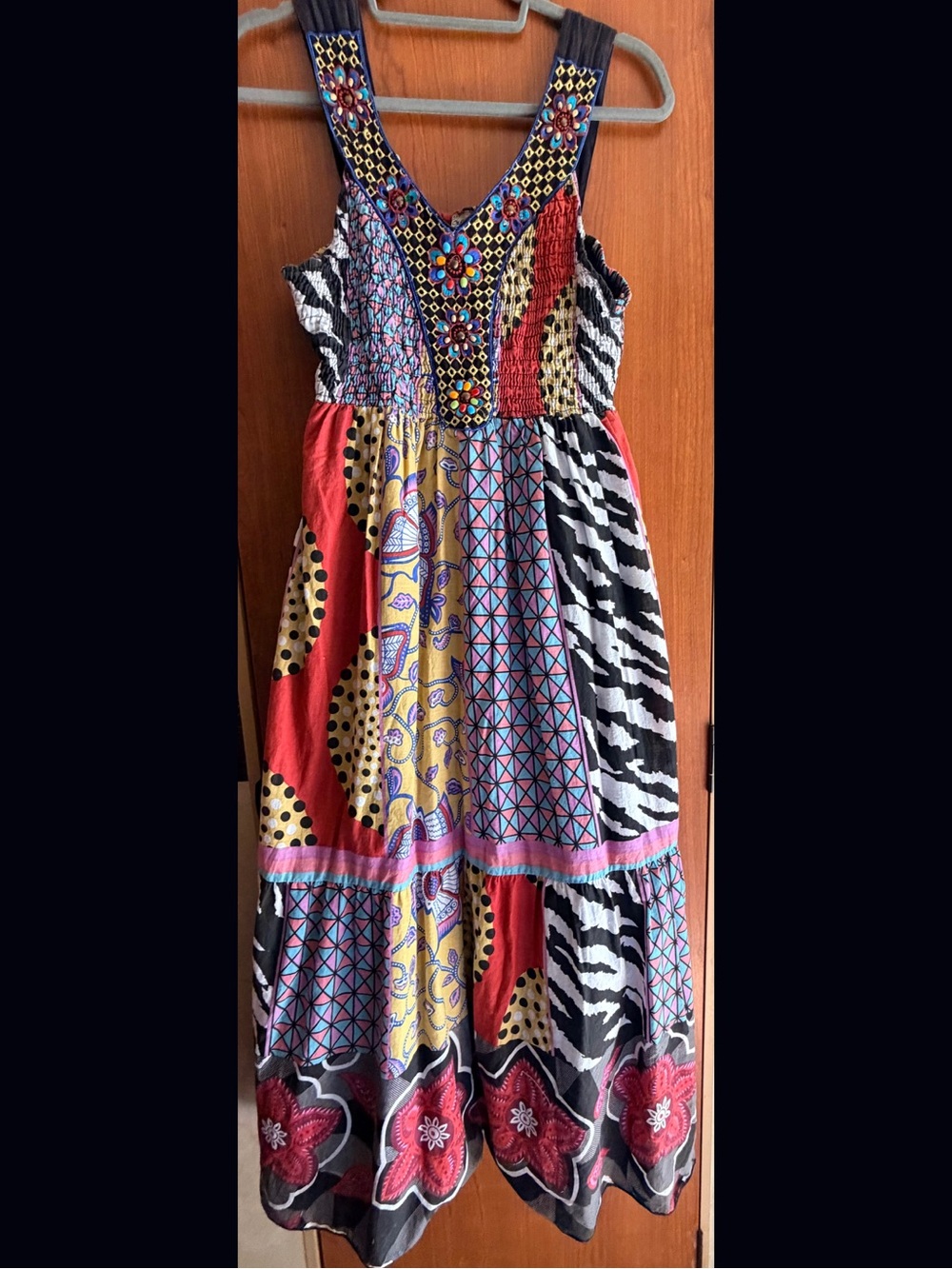 Boho Vintage Patchwork Maxi Dress in Red, Black, Yellow and Pink